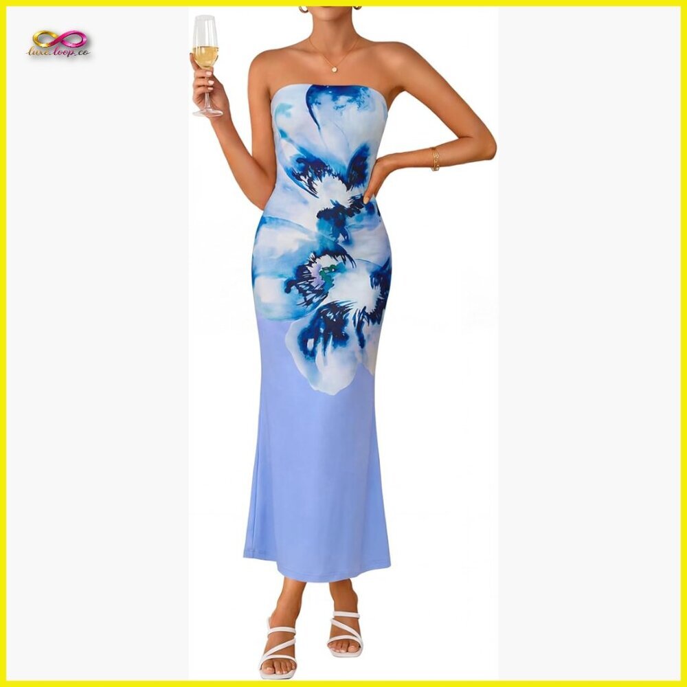 Floral Strapless Maxi Dress Bodycon Formal Cocktail Wedding Guest Elegant
